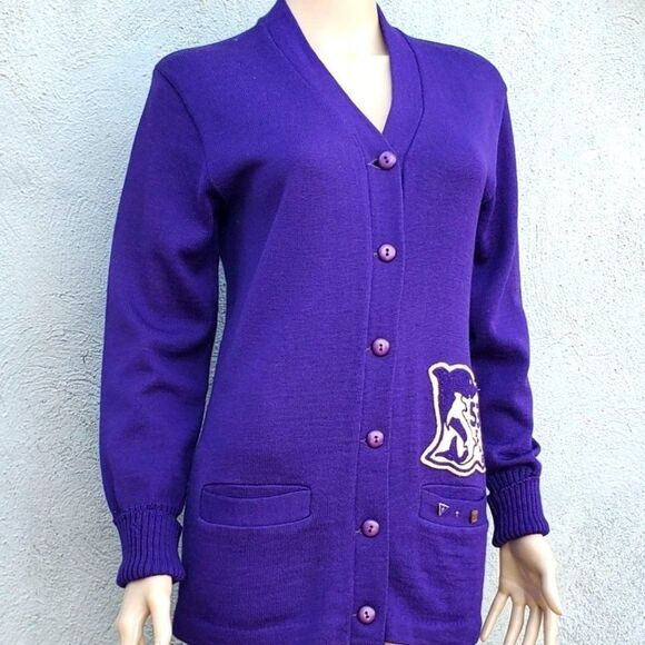Varsity Jacket Vintage Class Sweater 50s High School Purple Wool S - Picture 15 of 15
